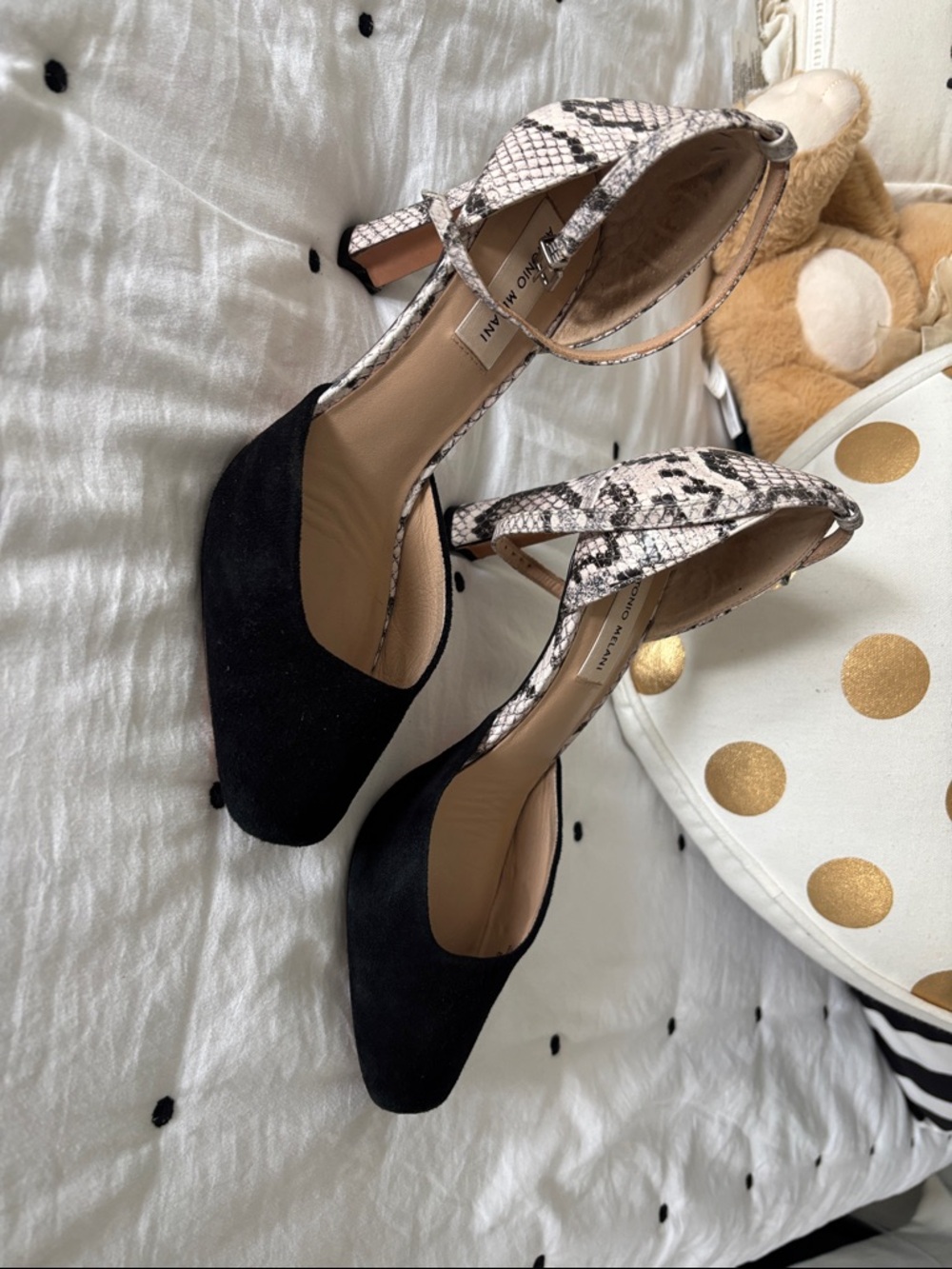 ANTONIO MELANI Black Suede Pointed Heels with Snakeskin Ankle Strap